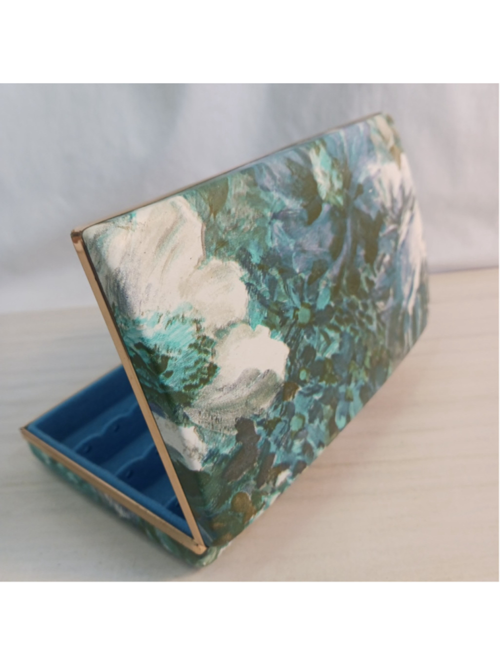 Vtg MELE Blue Travel Jewelry Box Case Lined Hard Shell Clamshell Earring Holder